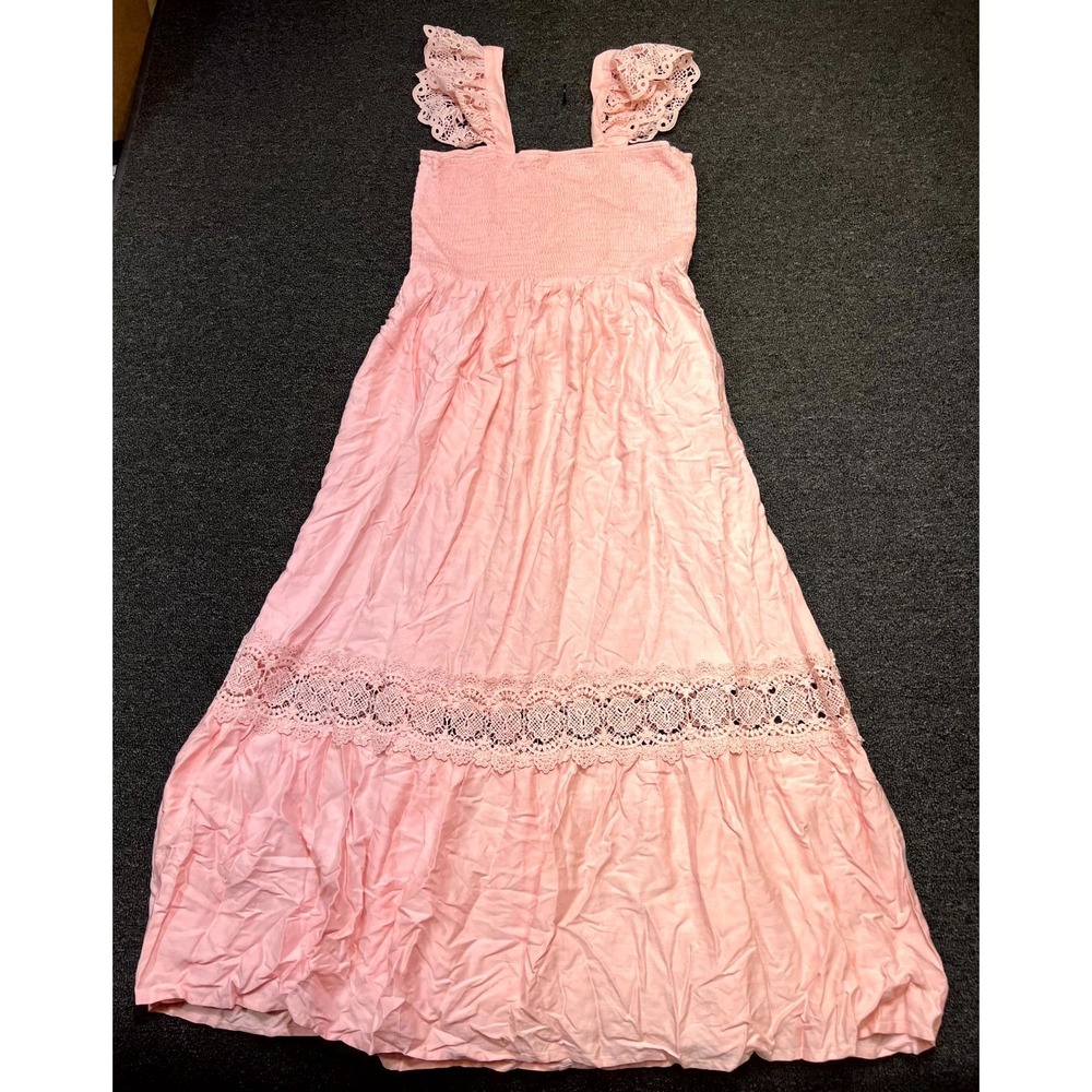 Zesica Maxi Dress Women's XL Pink Lace Trim Pockets Smocked Bodice Sleeveless